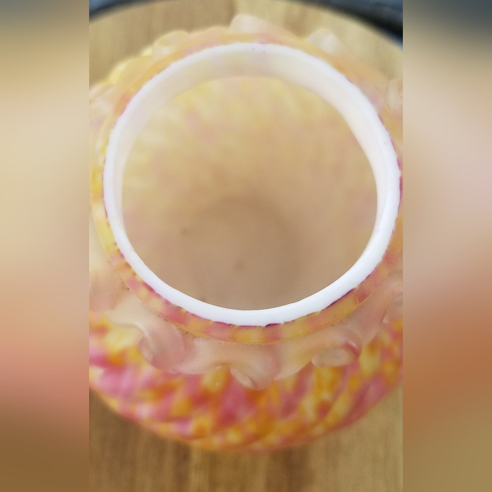 Antique Victorian Pink & Yellow Spatter Satin Glass Vase Franz Welz Czech Glass - Picture 5 of 7
